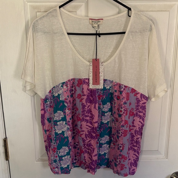 Andree Tops - Andree White Scoop Neck Short Sleeve Top with Purple and Teal Floral Panel